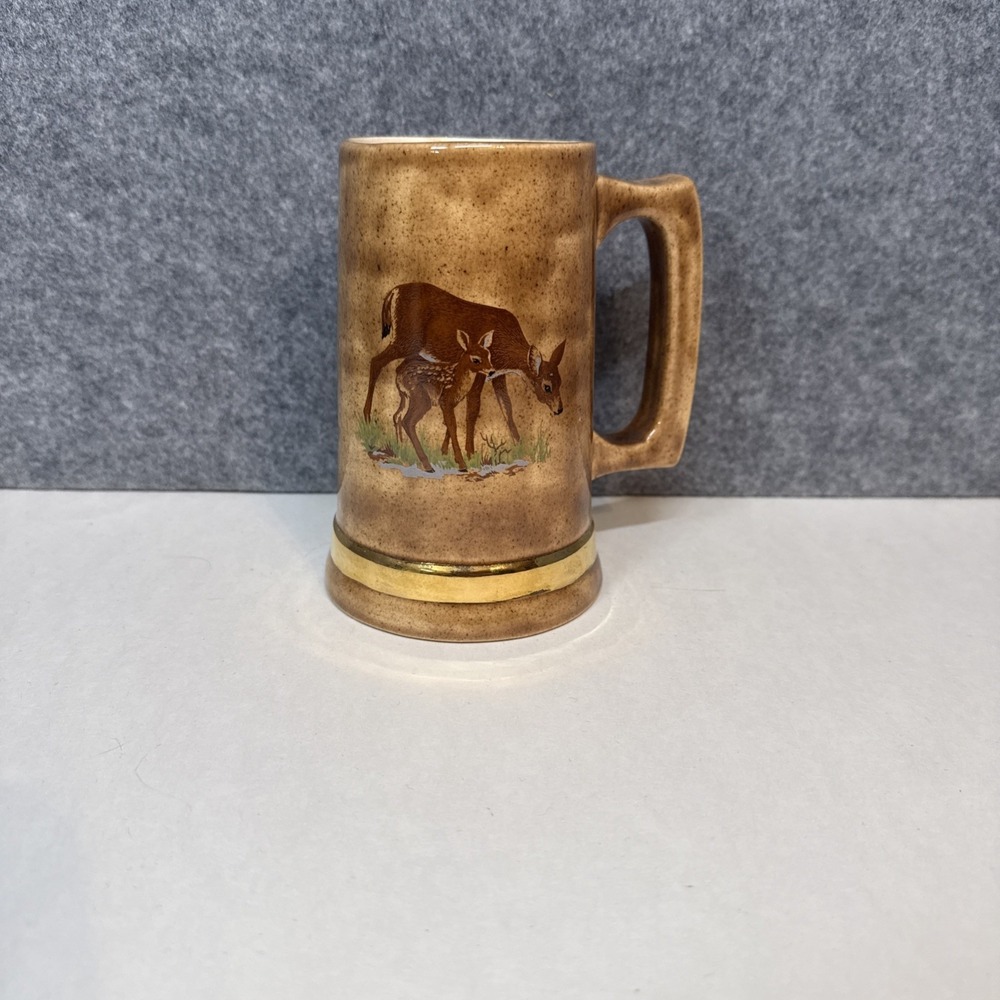 Vintage Doe & Fawn Scene Large Mug/Stein Gold Trim With Handle
